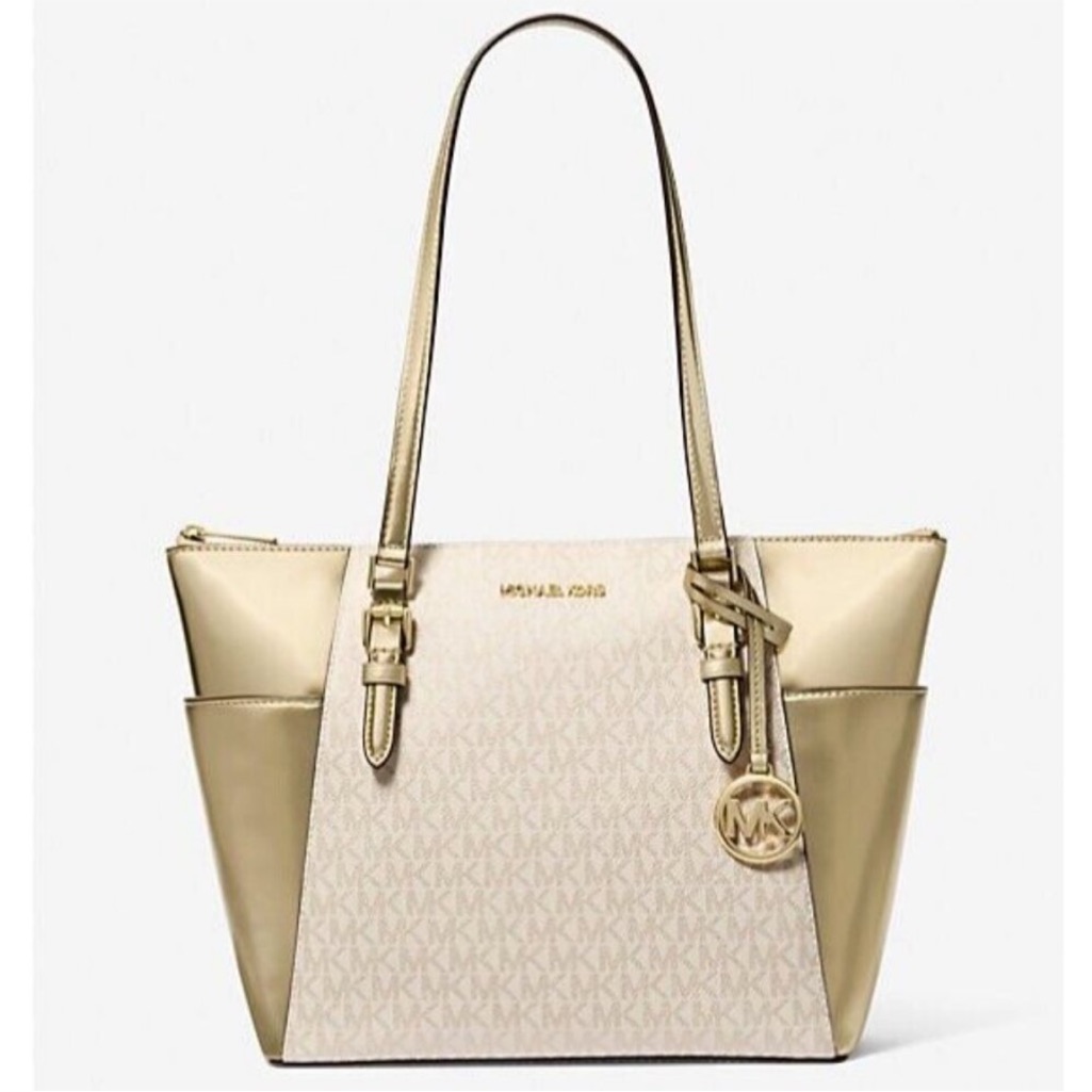Michael Kors Charlotte Logo Metallic Pale Gold Tote Nwt
